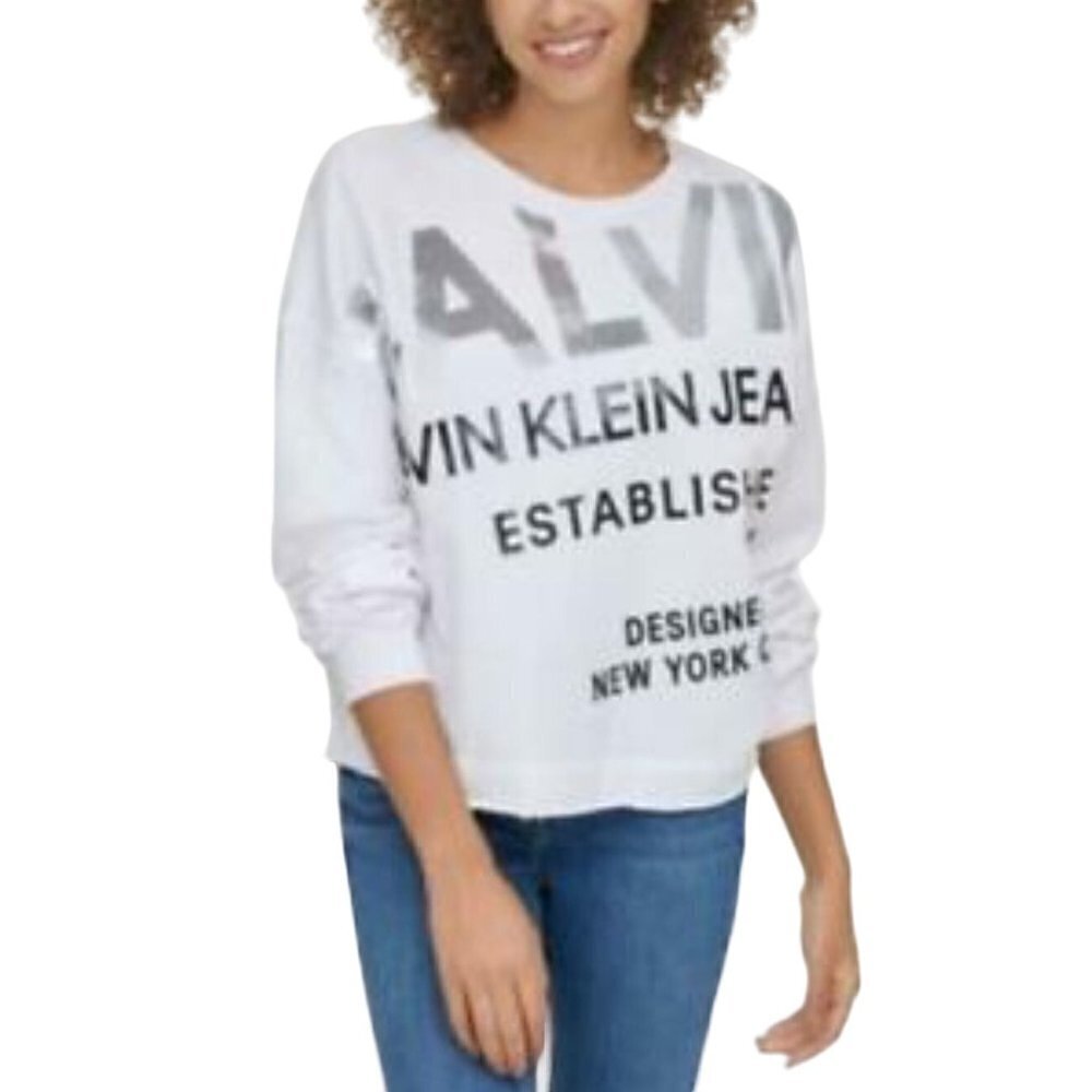 Calvin Klein Y2K Sequin SpellOut Raw Hem Long Sleeve Crop Top Size XS